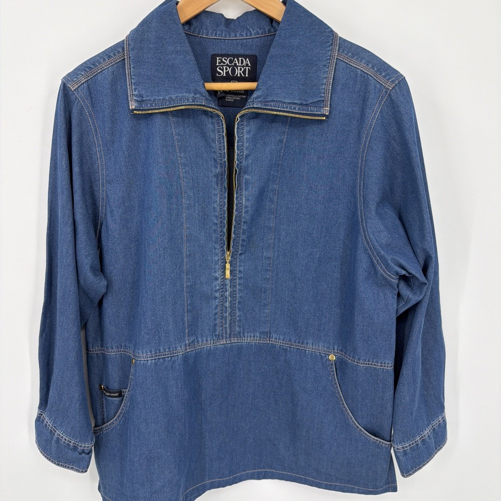Escada Sport Vtg Blue Denim Sz L Anorak Pullover Collared 1/4 Zip Jacket EUC